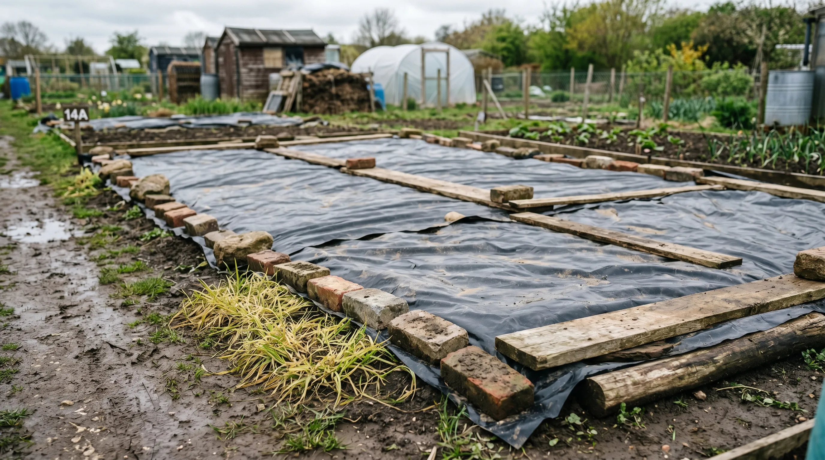 A UK allotment bed covered with overlapping black plastic sheeting weighted at every edge with bricks and timber boards, with the unmistakable yellow-green patch of dying couch grass visible through gaps at the edge
