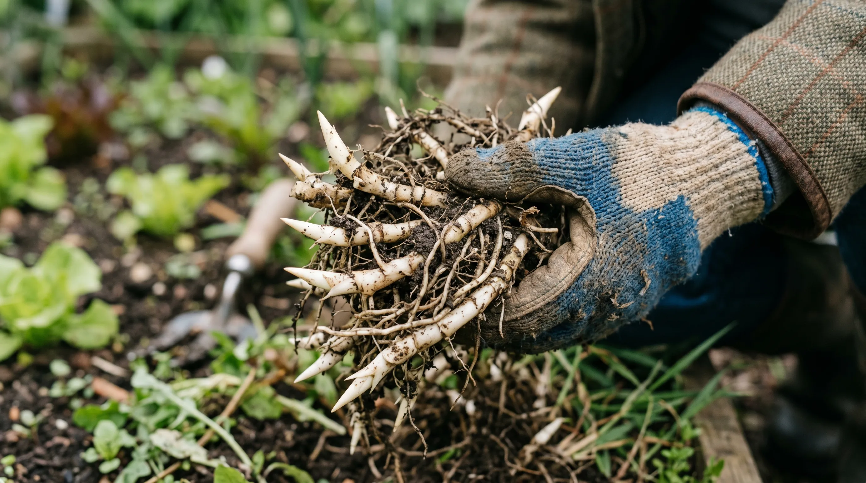 A diagnostic close-up of a UK gardener's gloved hand holding a thick mass of white segmented couch grass rhizomes lifted from a vegetable bed, with the pointed growing tips clearly visible