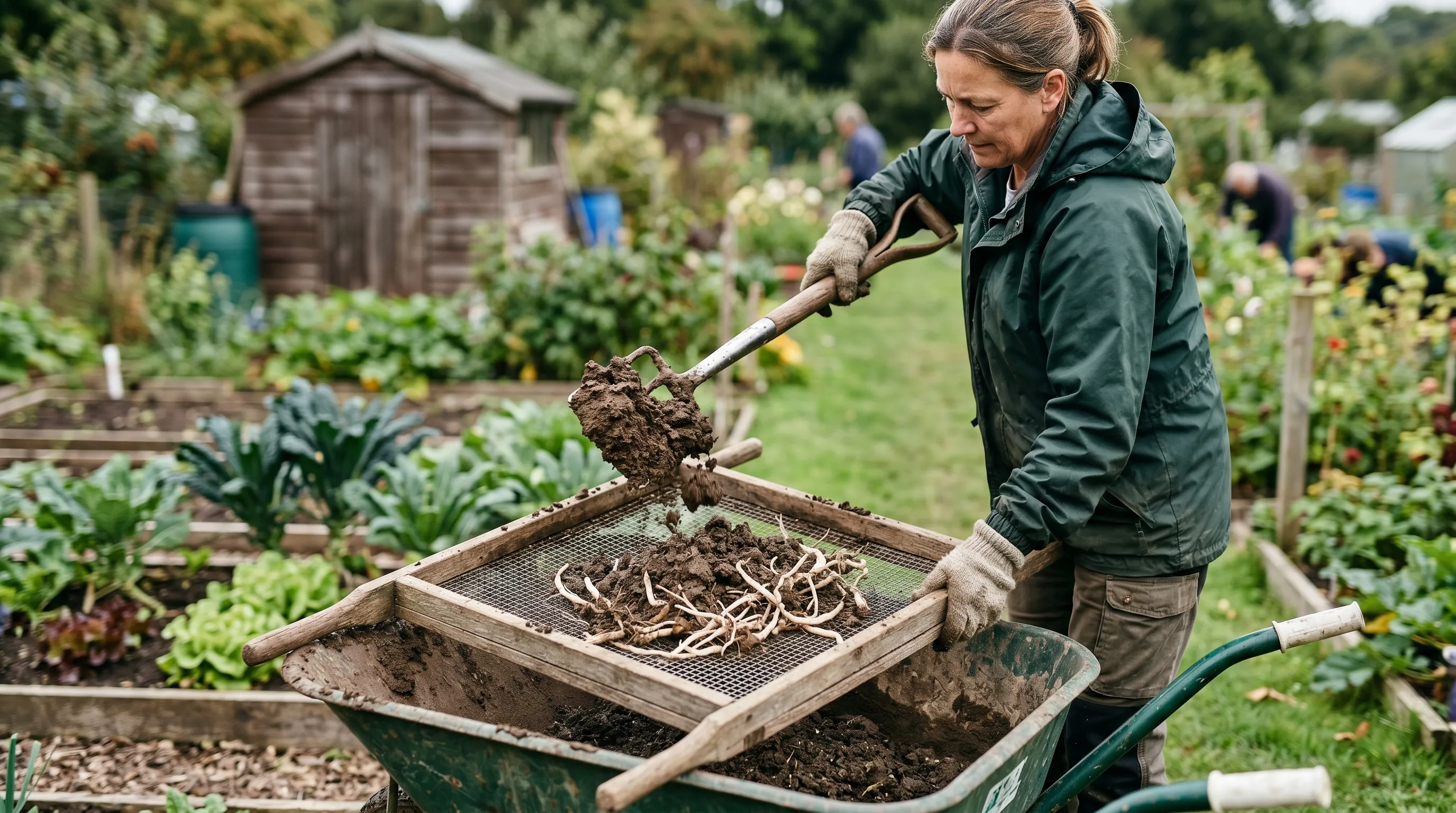 A UK gardener pouring forkfuls of clay soil onto a coarse garden sieve laid across a wheelbarrow, with white couch grass rhizomes visible on top of the sieve after the soil falls through