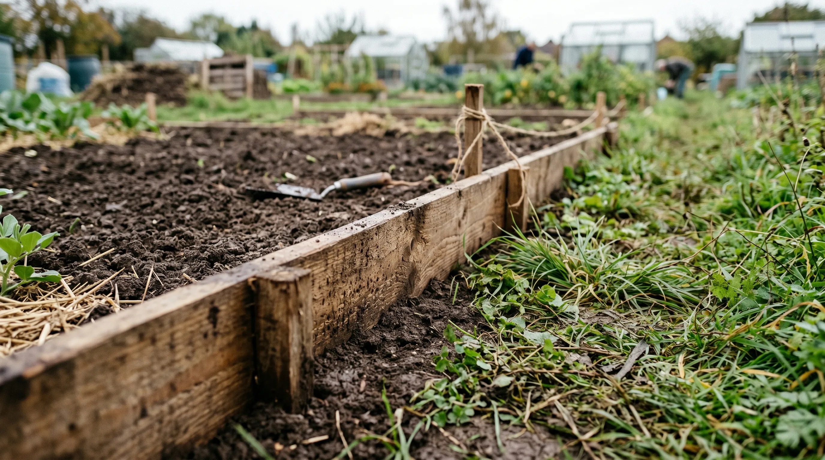 A wooden plot edge in a UK allotment showing 100mm-deep timber boards set into the soil to block couch grass rhizomes from invading from the adjacent grass path, with the cleared bed on one side and an uncleared grass strip on the other