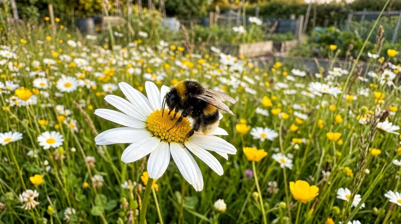 A bumblebee feeding on a white daisy flower in a lawn left long for pollinators in an allotment garden