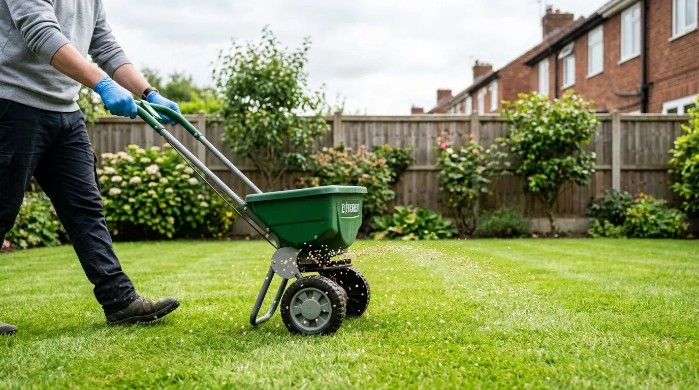 Hands using a spreader to apply granular lawn feed and weed treatment across a green lawn in a suburban garden
