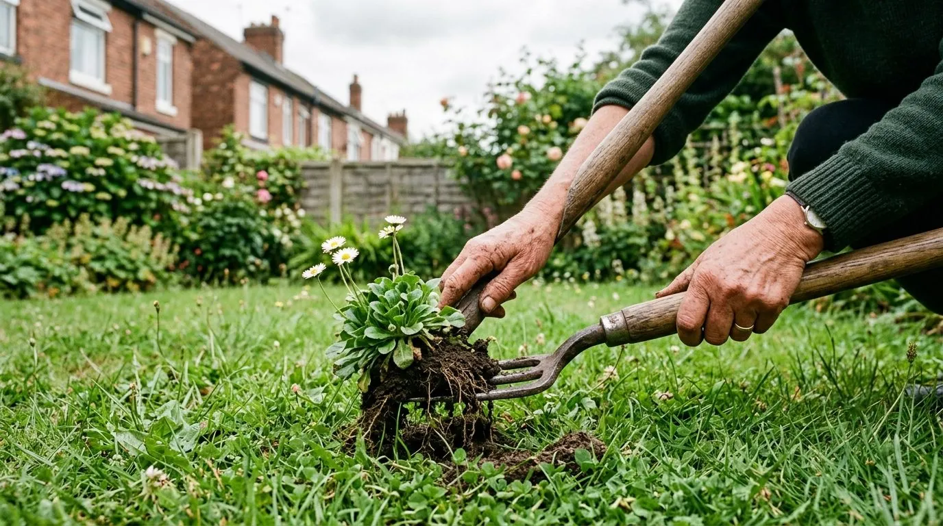 Gardener's hands using a long-handled daisy grubber to lever a daisy plant out of a lawn with roots and soil visible