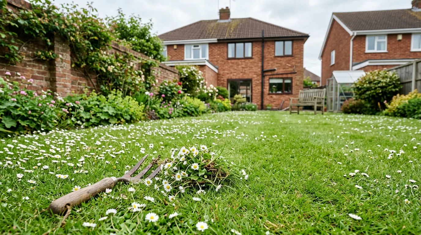 A daisy-flecked UK back garden lawn with a hand fork lifting out a daisy clump