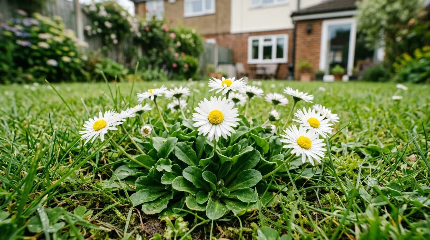A common lawn daisy plant Bellis perennis showing its flat rosette of spoon-shaped leaves and white flowers in a green lawn