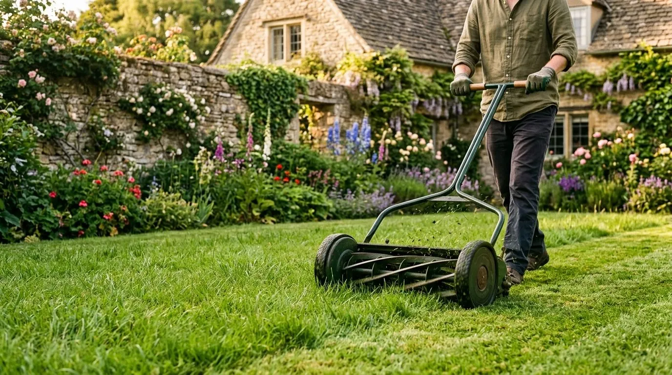 A cylinder mower set to a high cutting height mowing a healthy green lawn in a country cottage garden