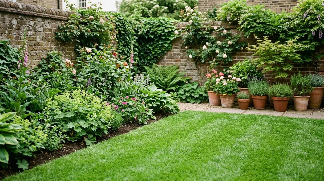 A thick dense green weed-free lawn meeting a tidy border edge in a small city courtyard garden