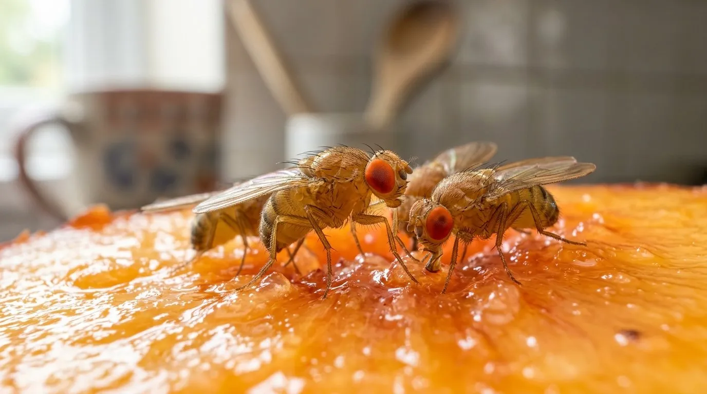A cluster of small fruit flies on ripe fruit in a UK kitchen fruit bowl with an apple cider vinegar trap beside it