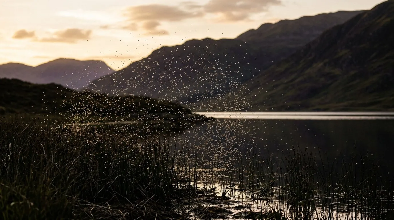 Cloud of midges swarming in golden evening light above a Scottish loch shore with hills behind