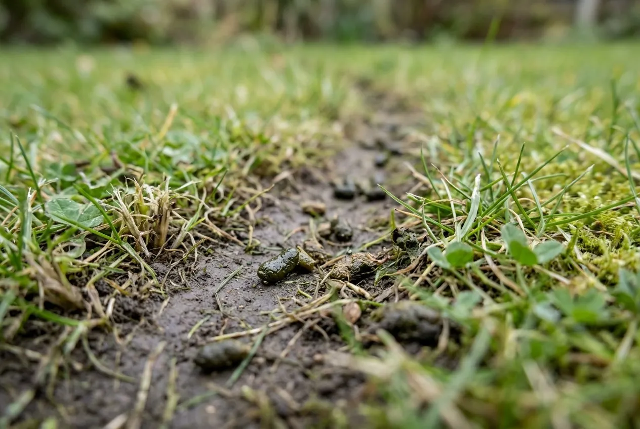A macro close-up of clipped grass tufts and tiny green-brown vole droppings along a worn run on a UK lawn