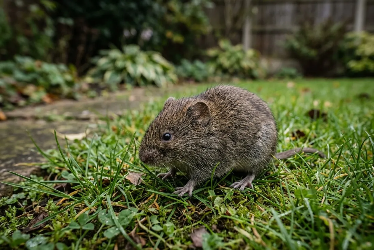 A close-up of a field vole with a blunt nose and short tail sitting among short lawn grass in a Staffordshire back garden