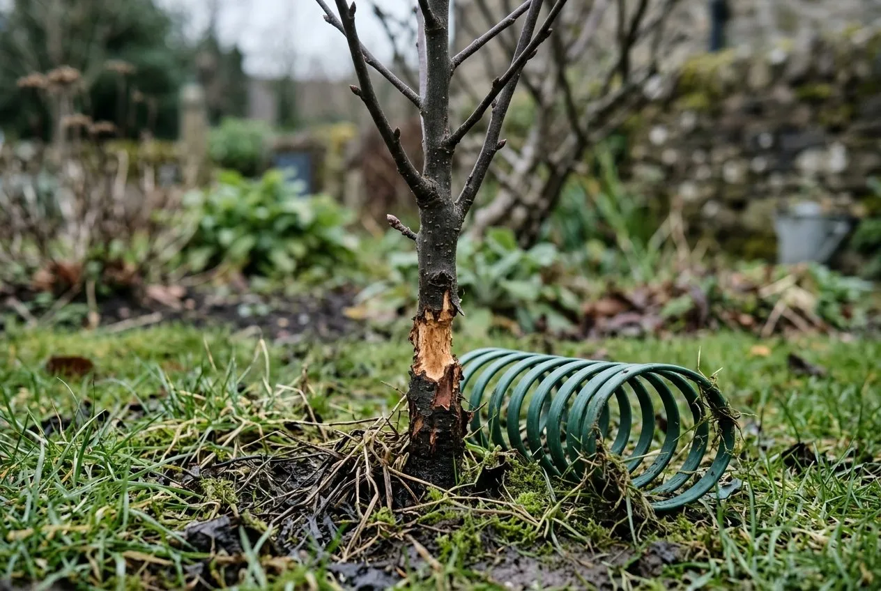 A young apple whip in a UK garden with bark gnawed away in a ring at the base, protected too late, with a green spiral guard lying beside it