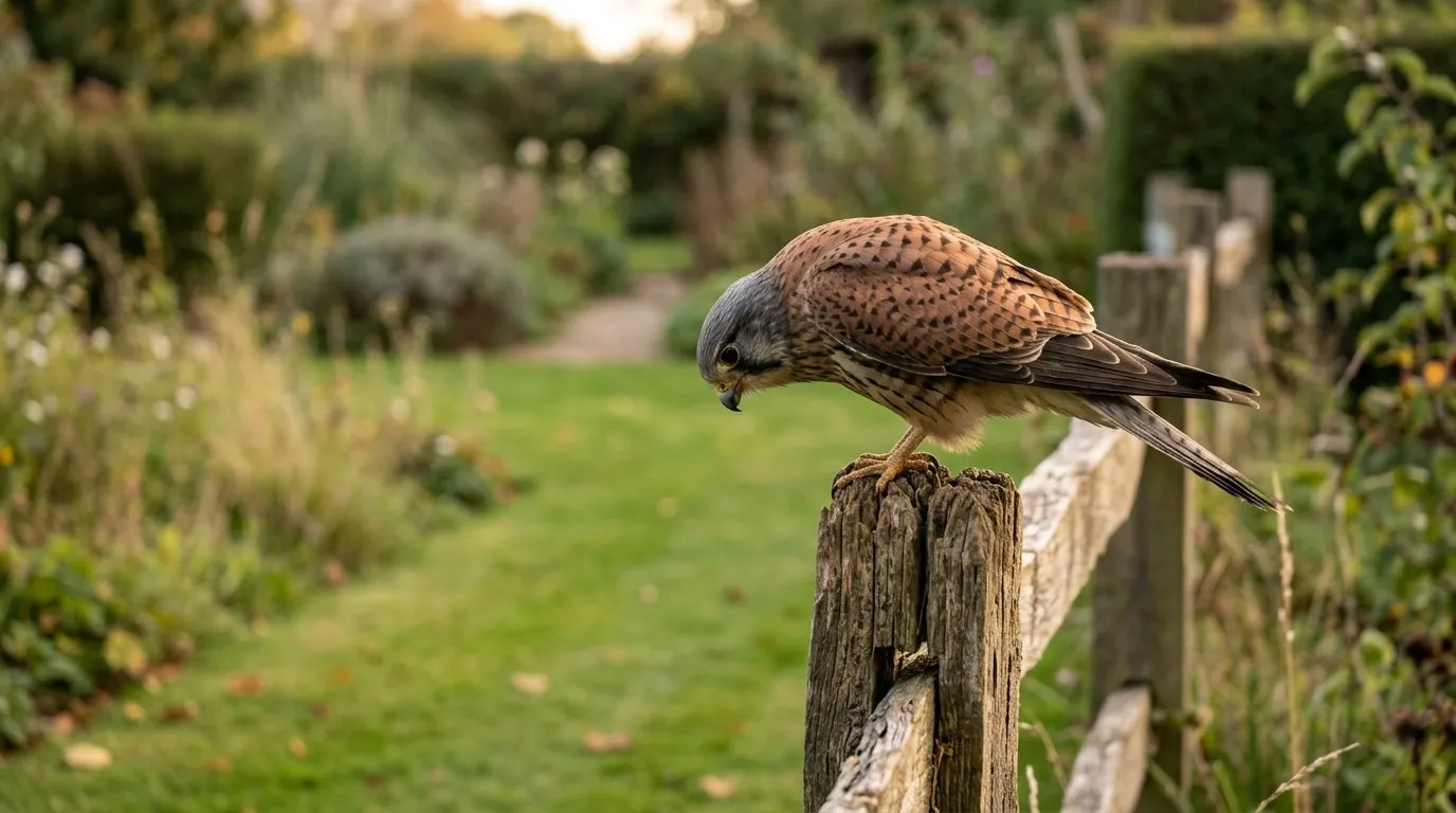 A kestrel perched on a wooden post at the edge of a UK garden scanning short grass below for voles in late afternoon light
