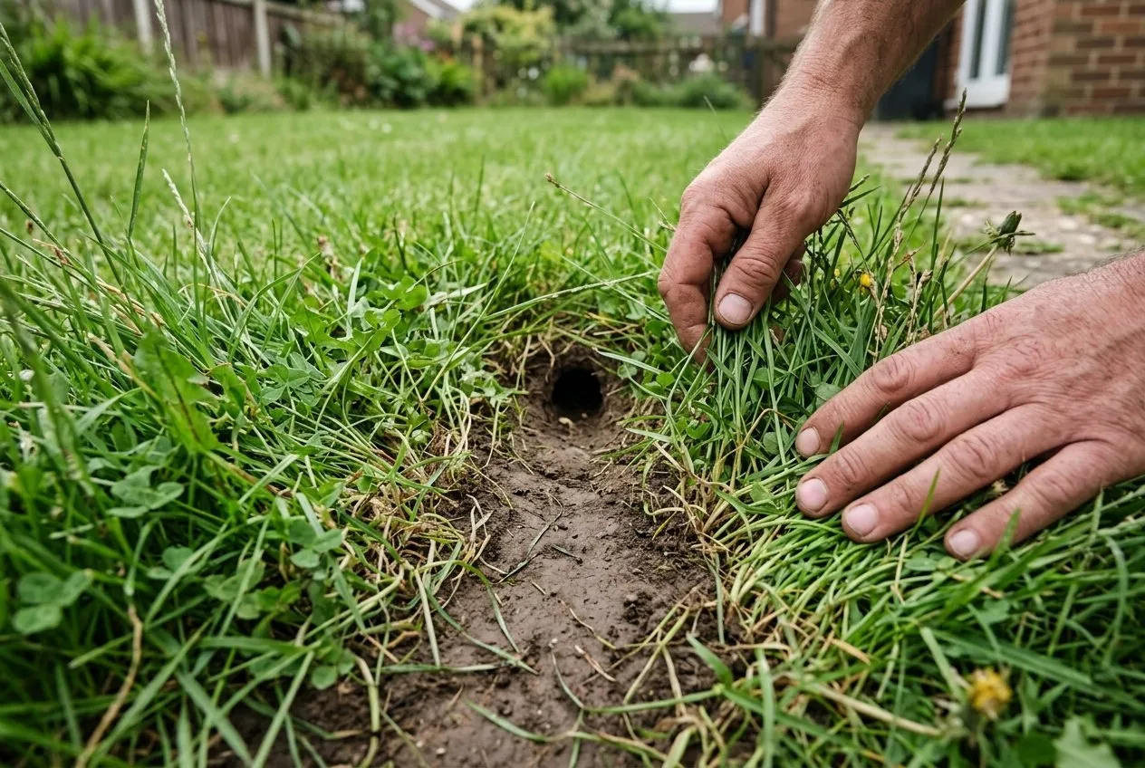 A narrow worn vole run threading through grass at the edge of a UK suburban lawn with a small open burrow entrance and no soil heap