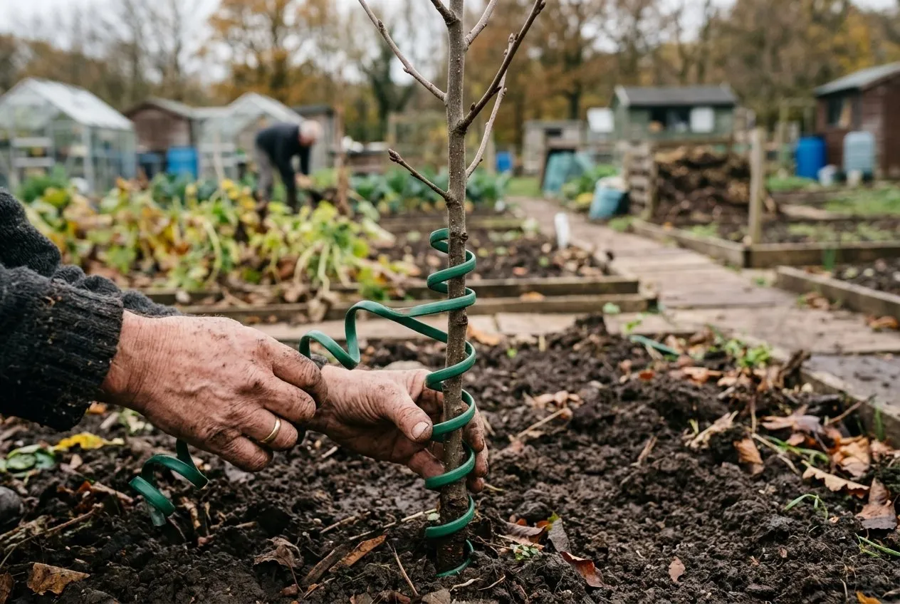 A green spiral tree guard being fitted around the base of a young tree in a UK allotment to stop vole and rabbit bark damage over winter