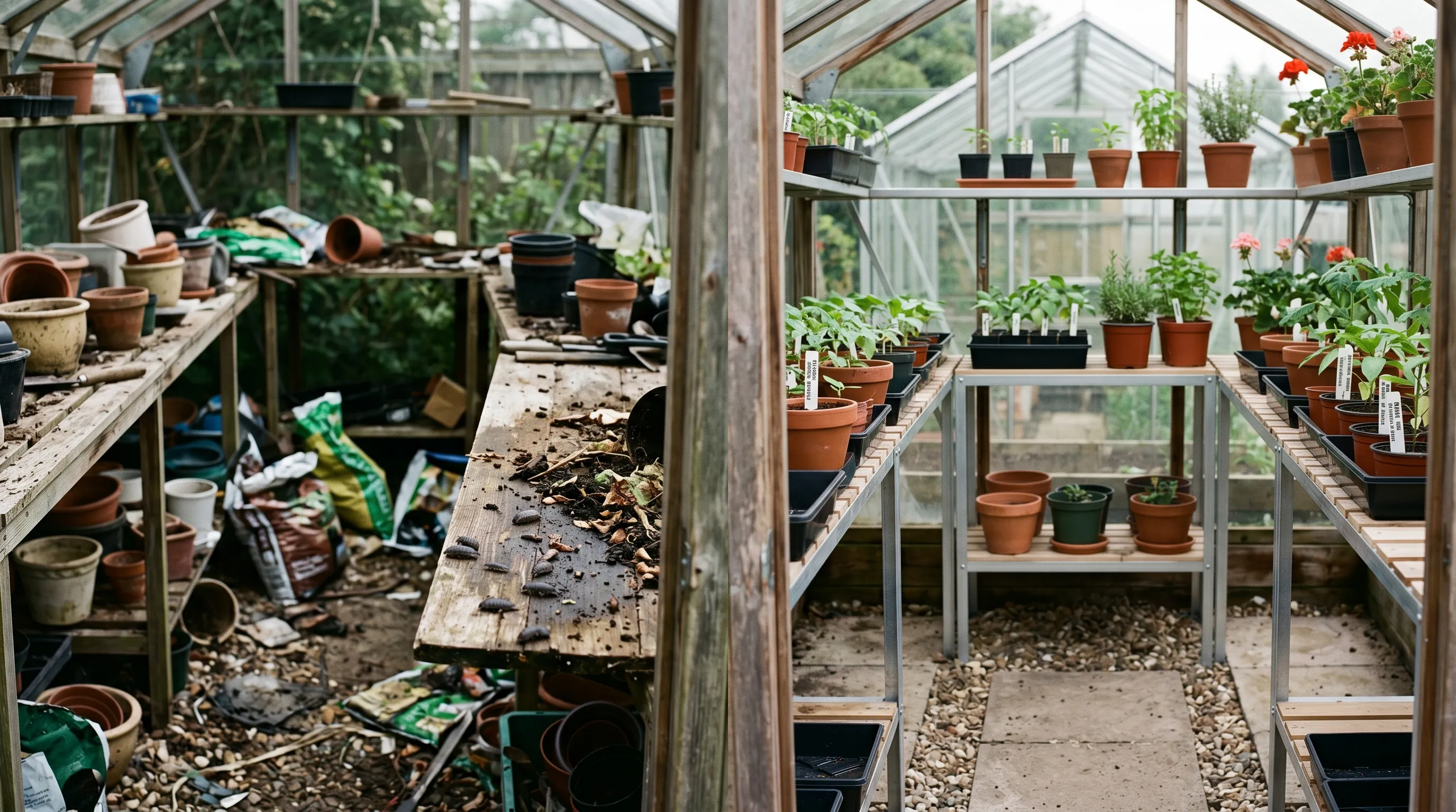 A diagnostic comparison of two UK greenhouse interiors, the left with cluttered wooden boards, old pots and debris on the floor showing visible woodlice, the right cleared bare with only essential pots on staging