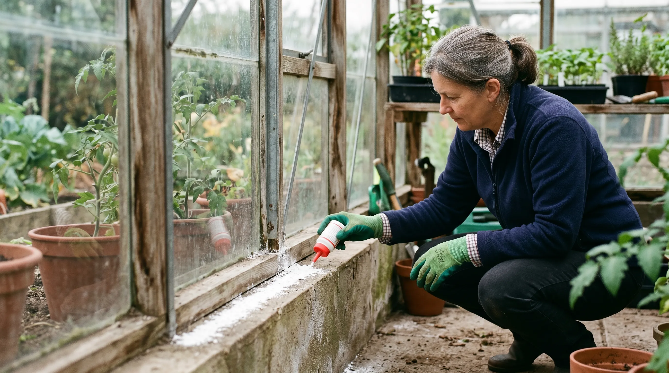 A UK gardener applying a 25mm-wide line of white diatomaceous earth powder along the base wall of a greenhouse, using a small powder applicator bottle