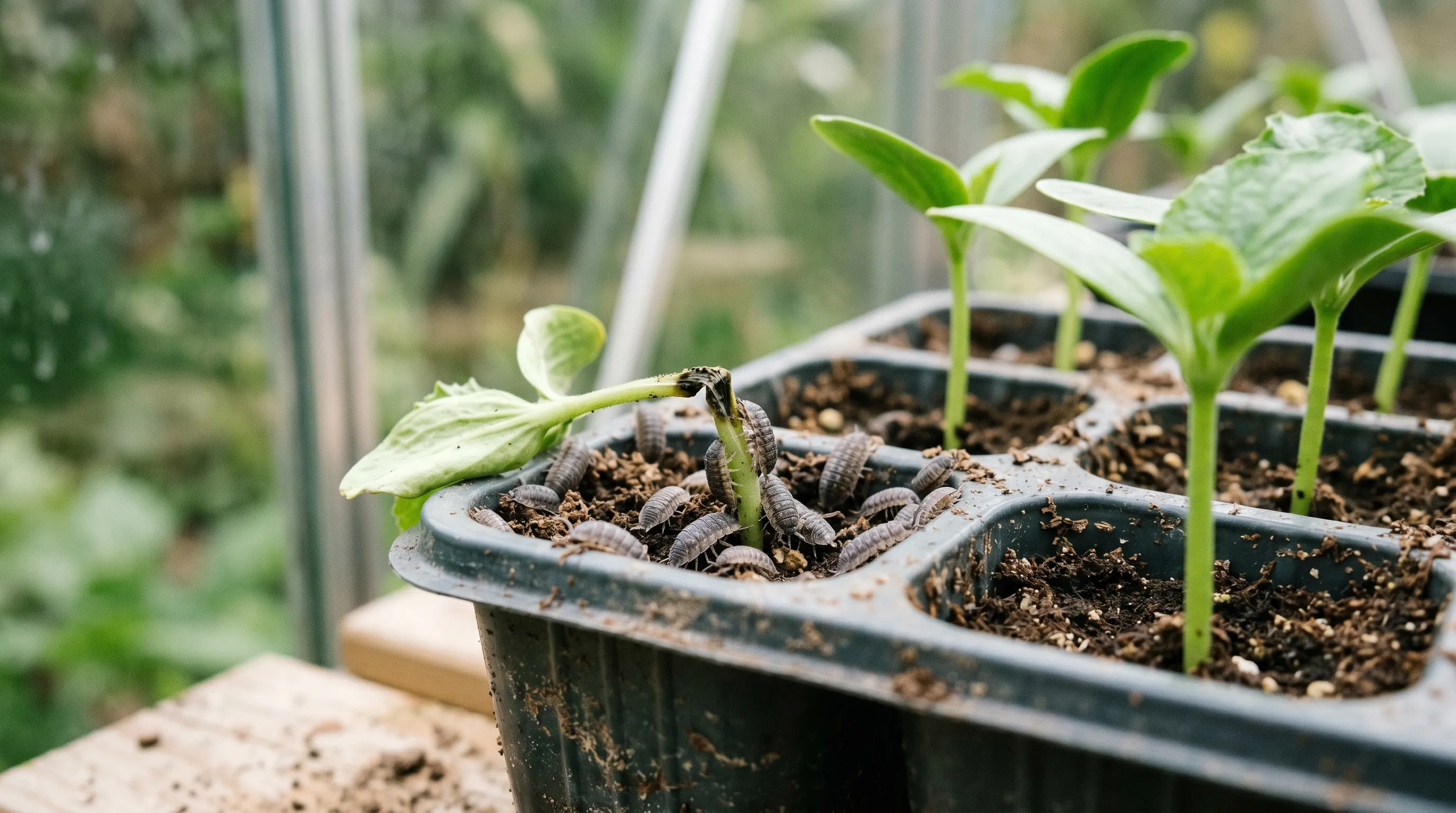 A UK greenhouse seedling tray with one cucumber seedling fallen and visibly damaged at the base, surrounded by 15-20 woodlice that have gathered to feed on the dying tissue