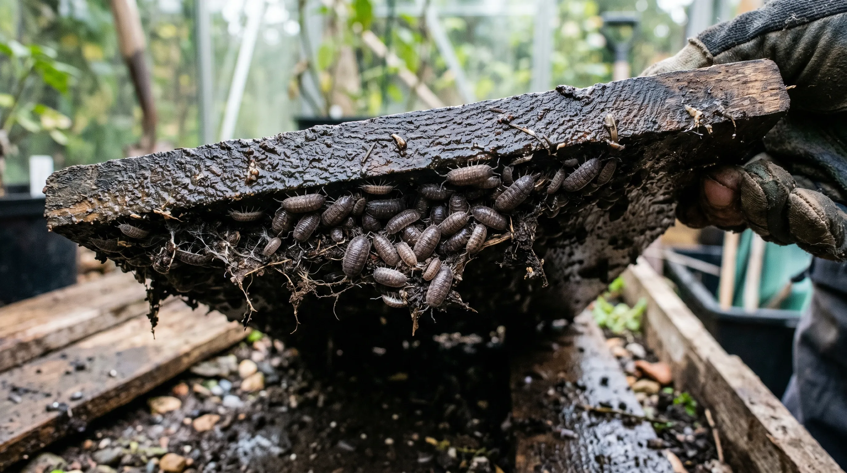 A diagnostic close-up showing the underside of a UK greenhouse wooden plank lifted from the floor, revealing 50-80 woodlice clustered in damp shadow