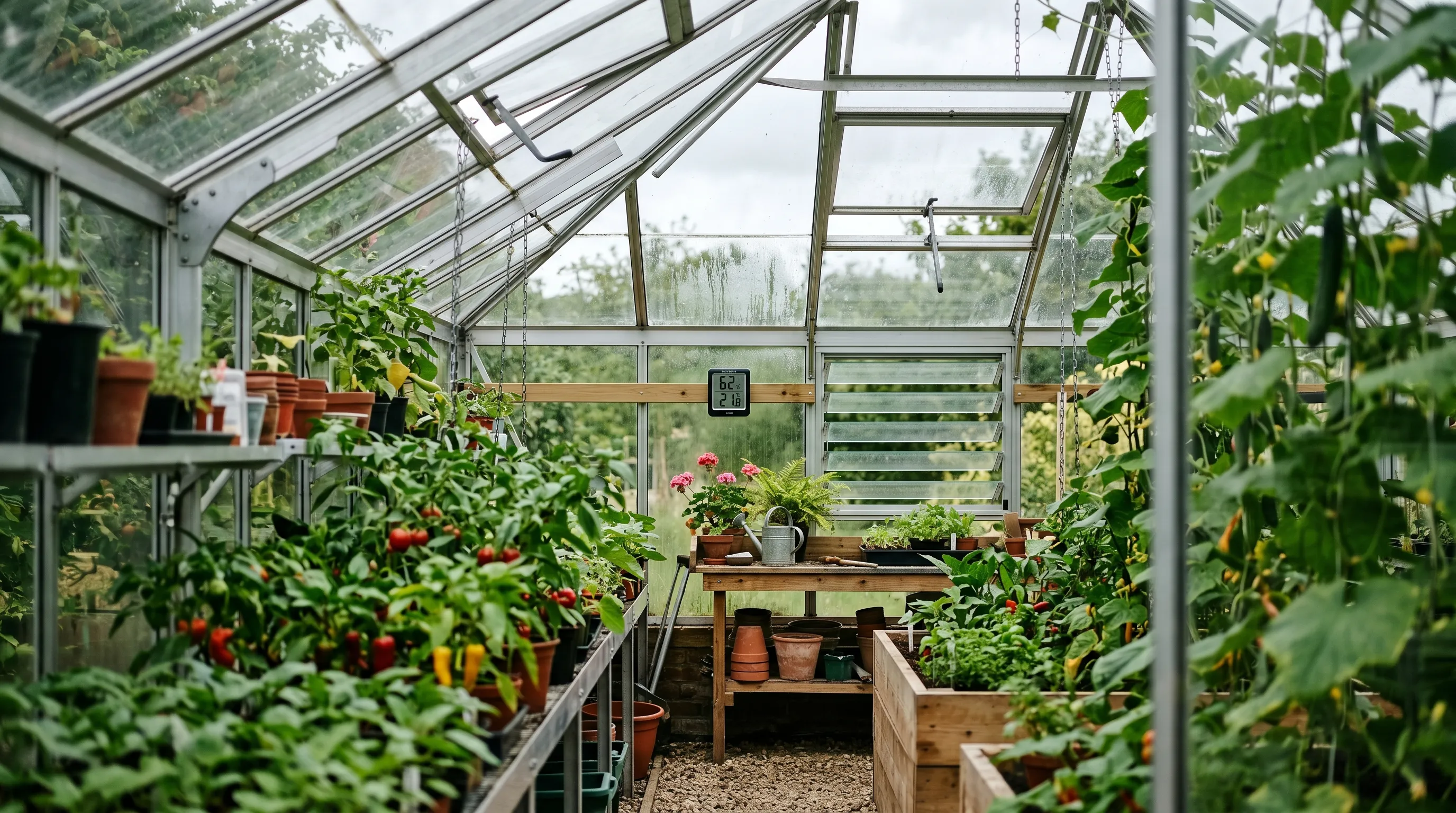 A UK greenhouse interior showing two roof vents fully open, a louvre vent at the lower wall, and a digital hygrometer on the wall reading 62% RH