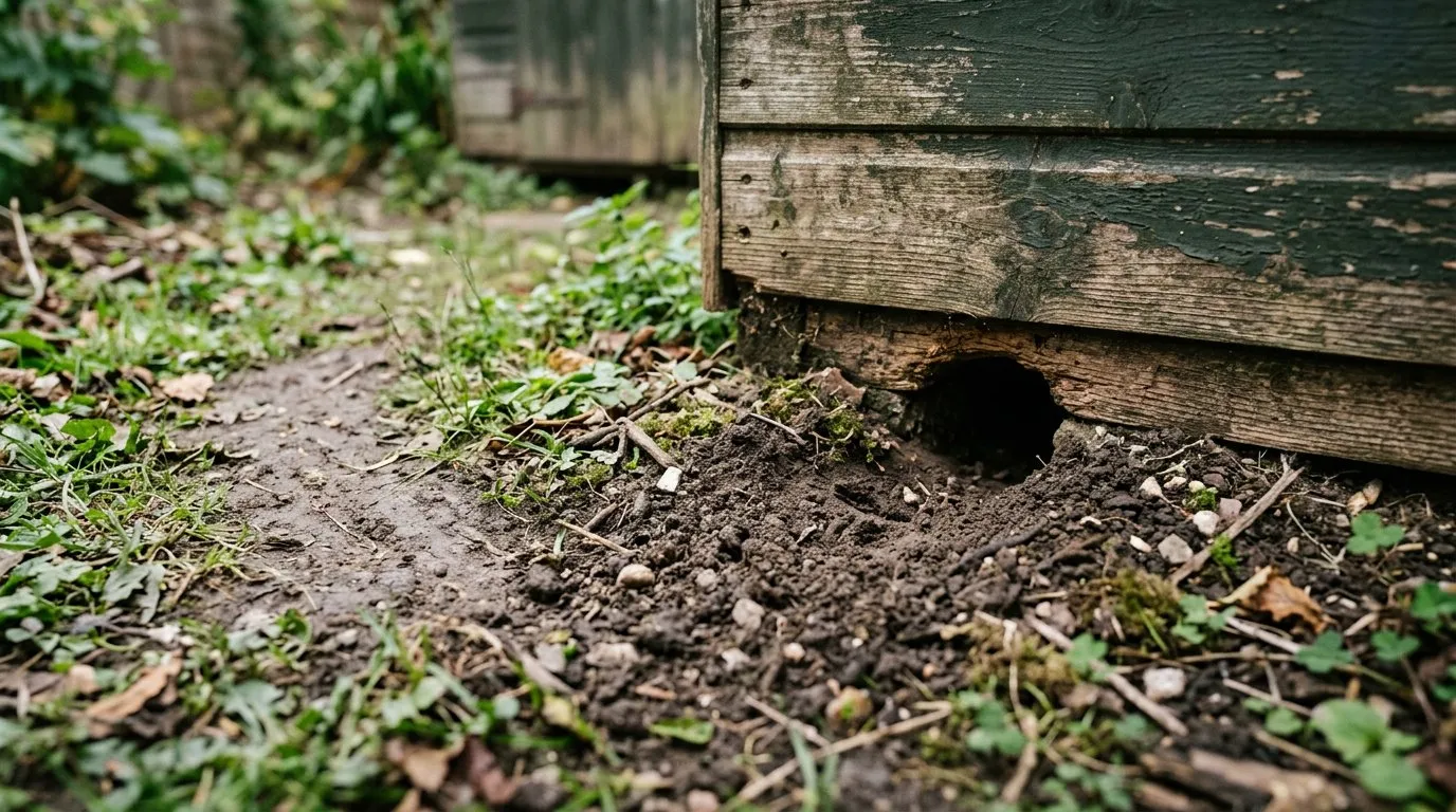 Close-up of rat burrow entrance at the base of a garden shed with compacted soil and worn path leading away