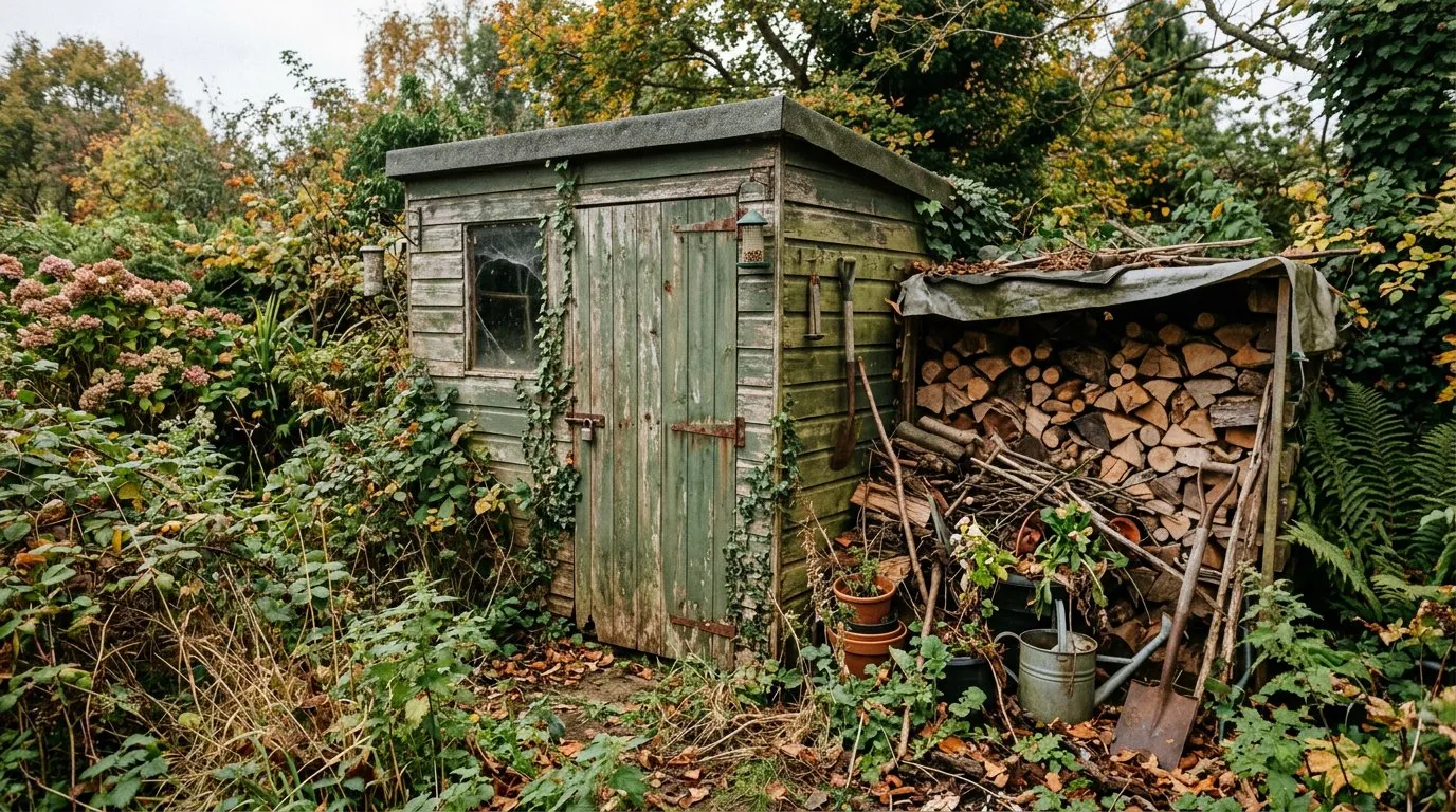 Brown rat in a UK garden at dusk near a garden shed with overgrown vegetation