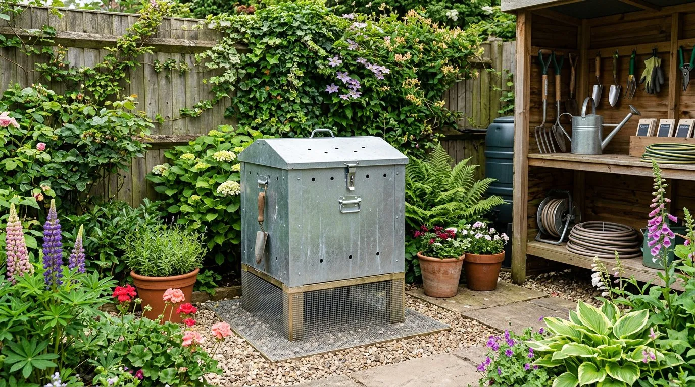 Rat-proof garden with enclosed compost bin, tidy borders, and metal-pole bird feeder with seed tray
