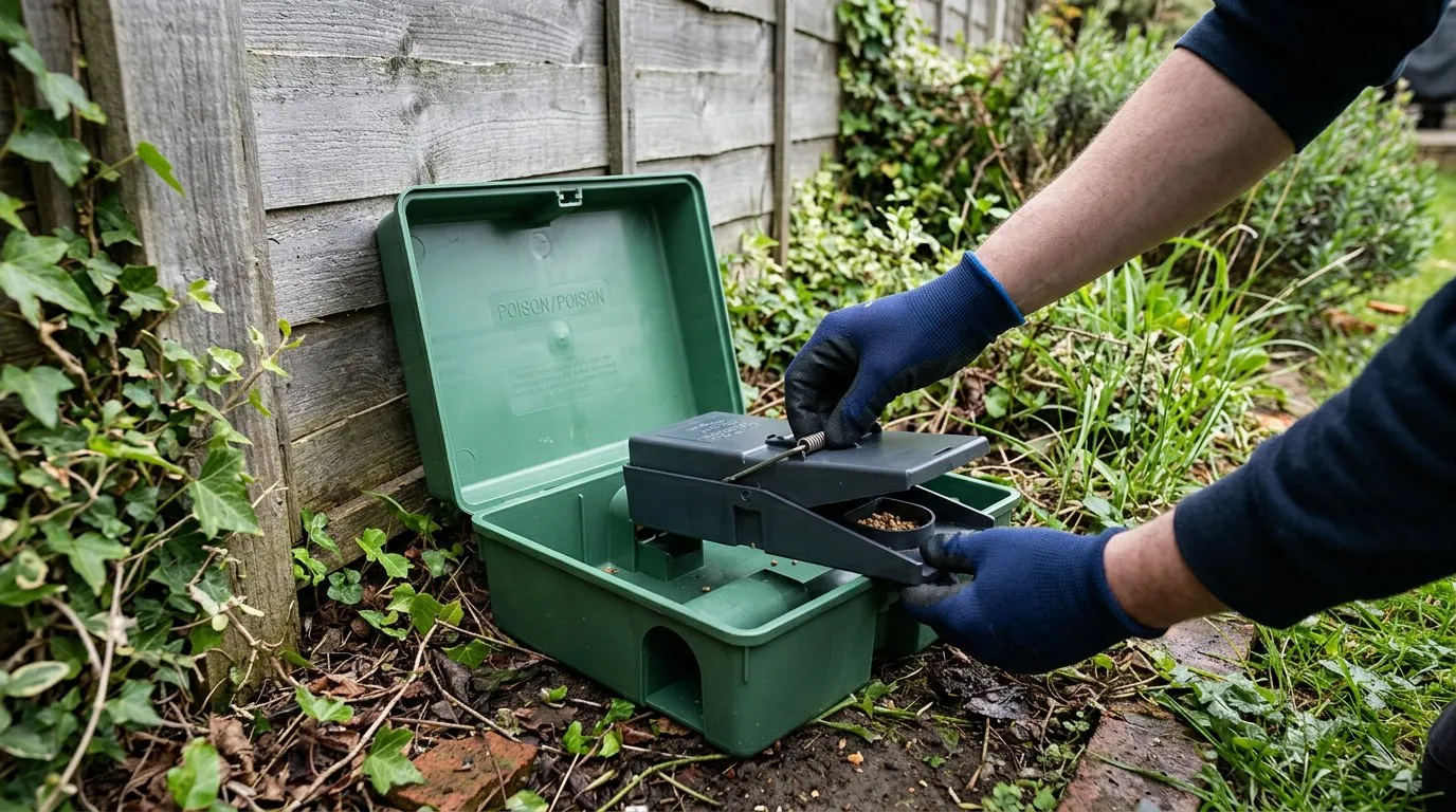 Rat snap trap set along the base of a garden fence with peanut butter bait on the trigger plate