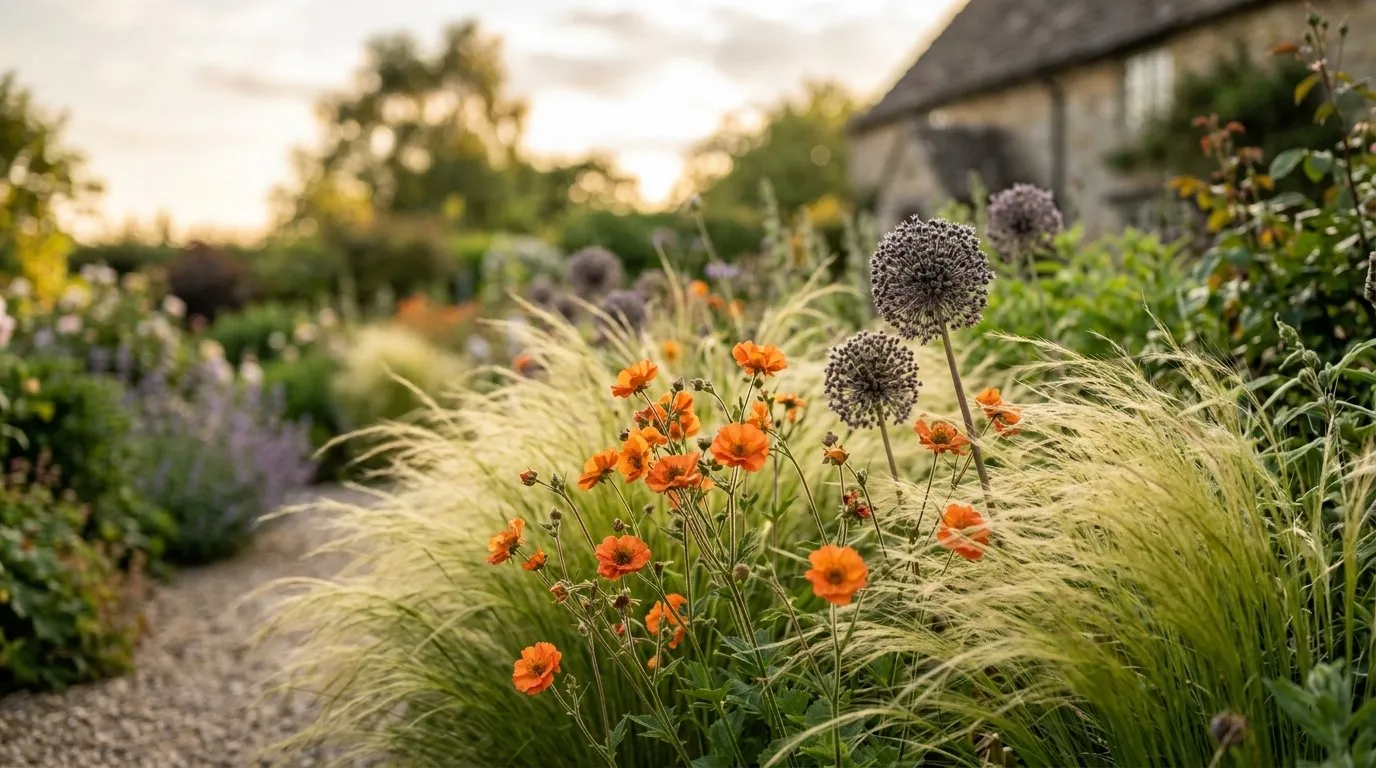 Geum cottage garden border planting combination with alliums and grasses in early summer UK