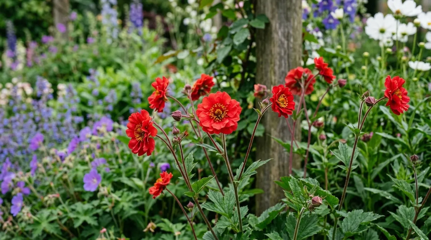 Geum Mrs J. Bradshaw scarlet red double flowers against green foliage in a cottage garden