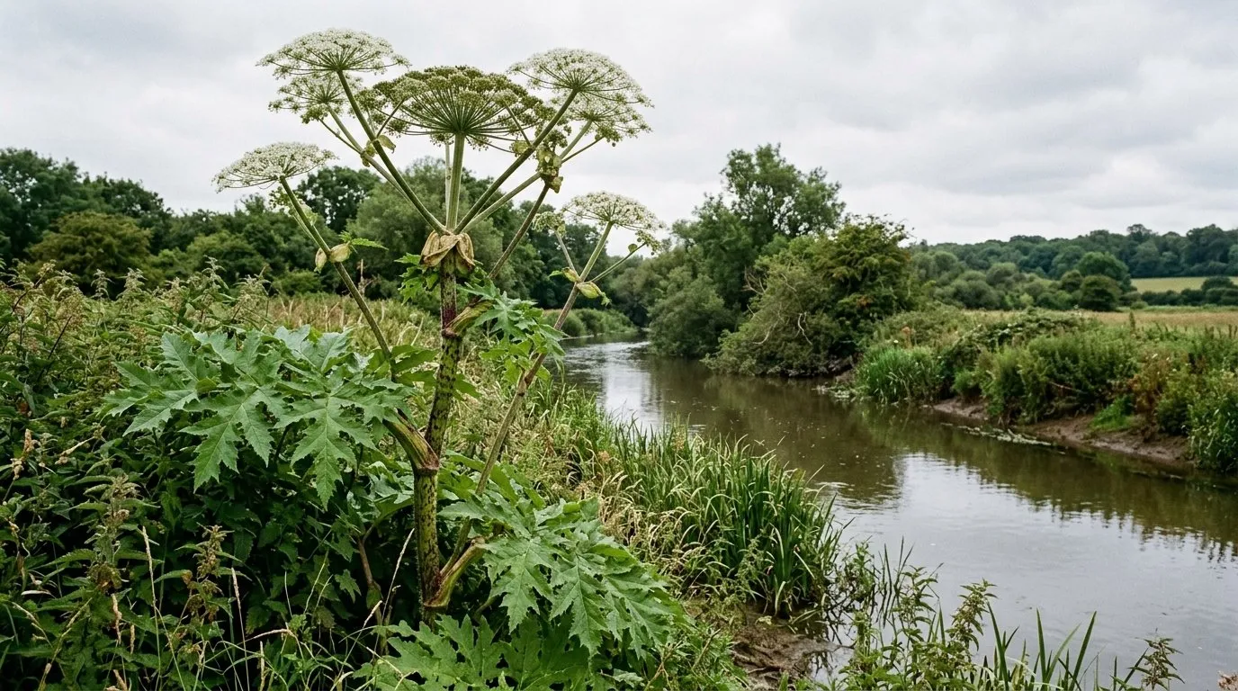 Giant hogweed towering four metres tall with huge white flower heads on a UK riverbank in July