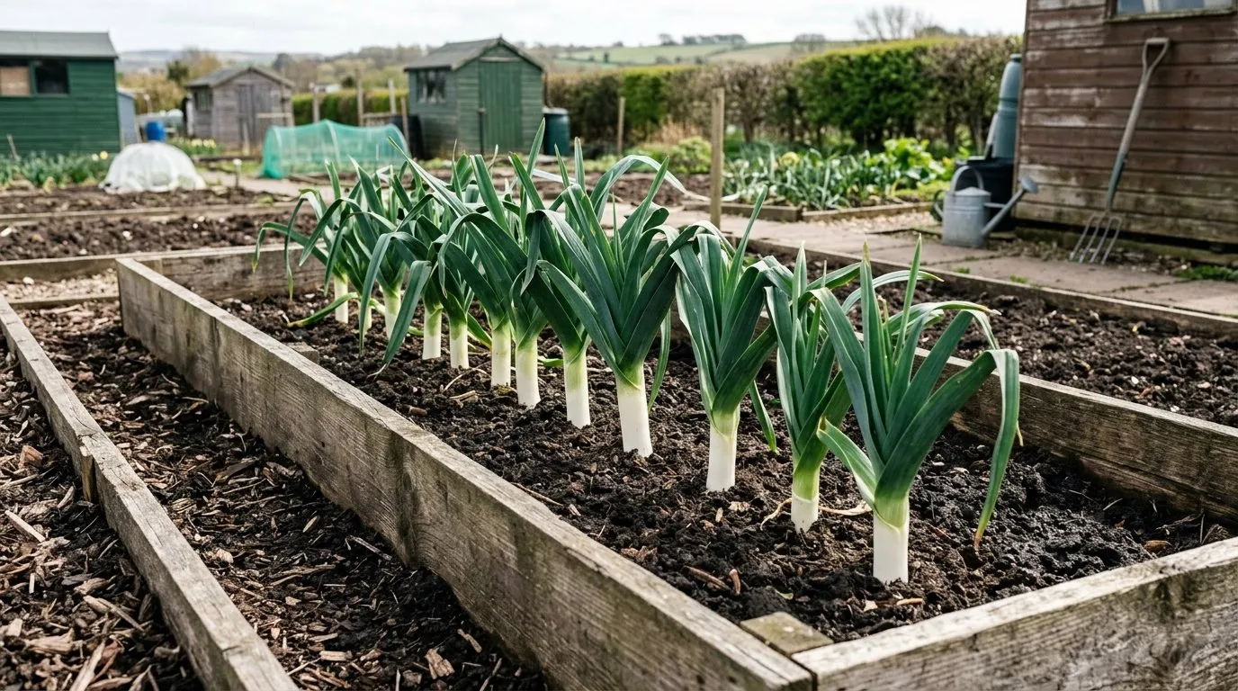 Row of pot leek exhibition leeks growing in a deep wooden trench bed at an allotment