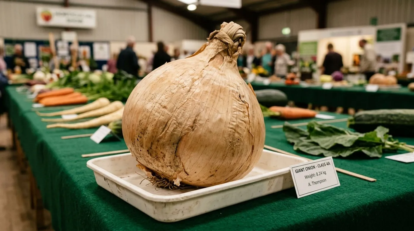 A single giant exhibition onion in a white display tray on a show table