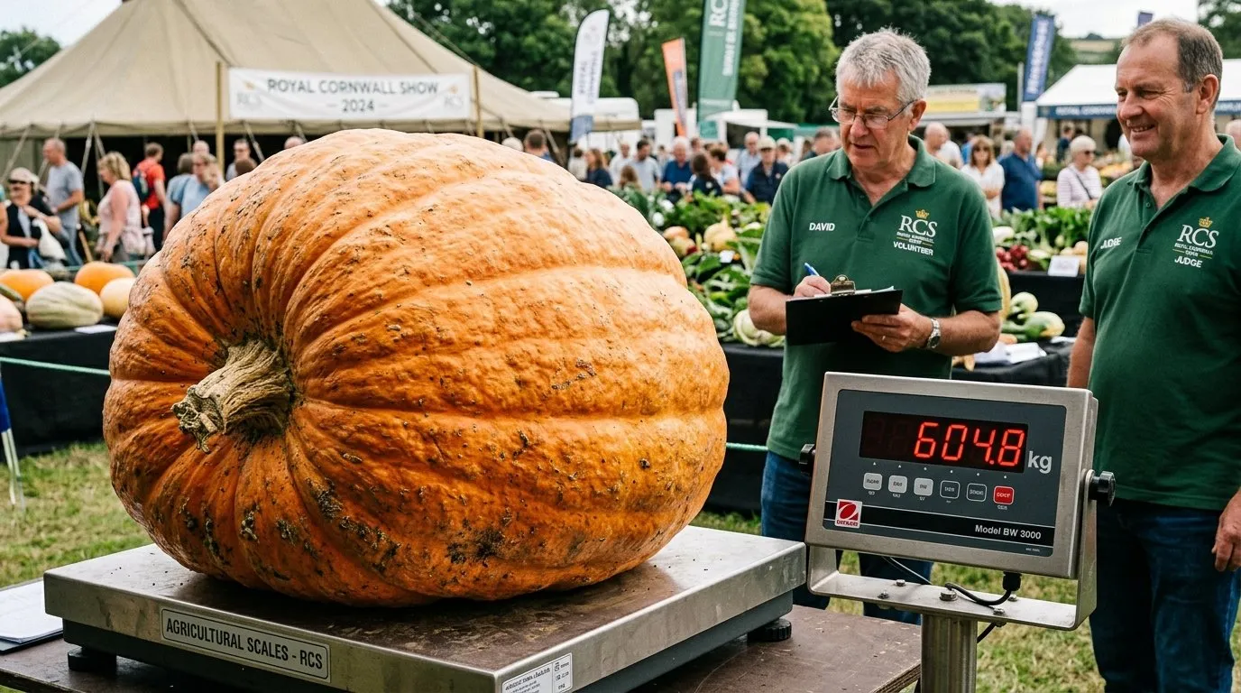Colossal exhibition pumpkin being weighed at a UK championship show