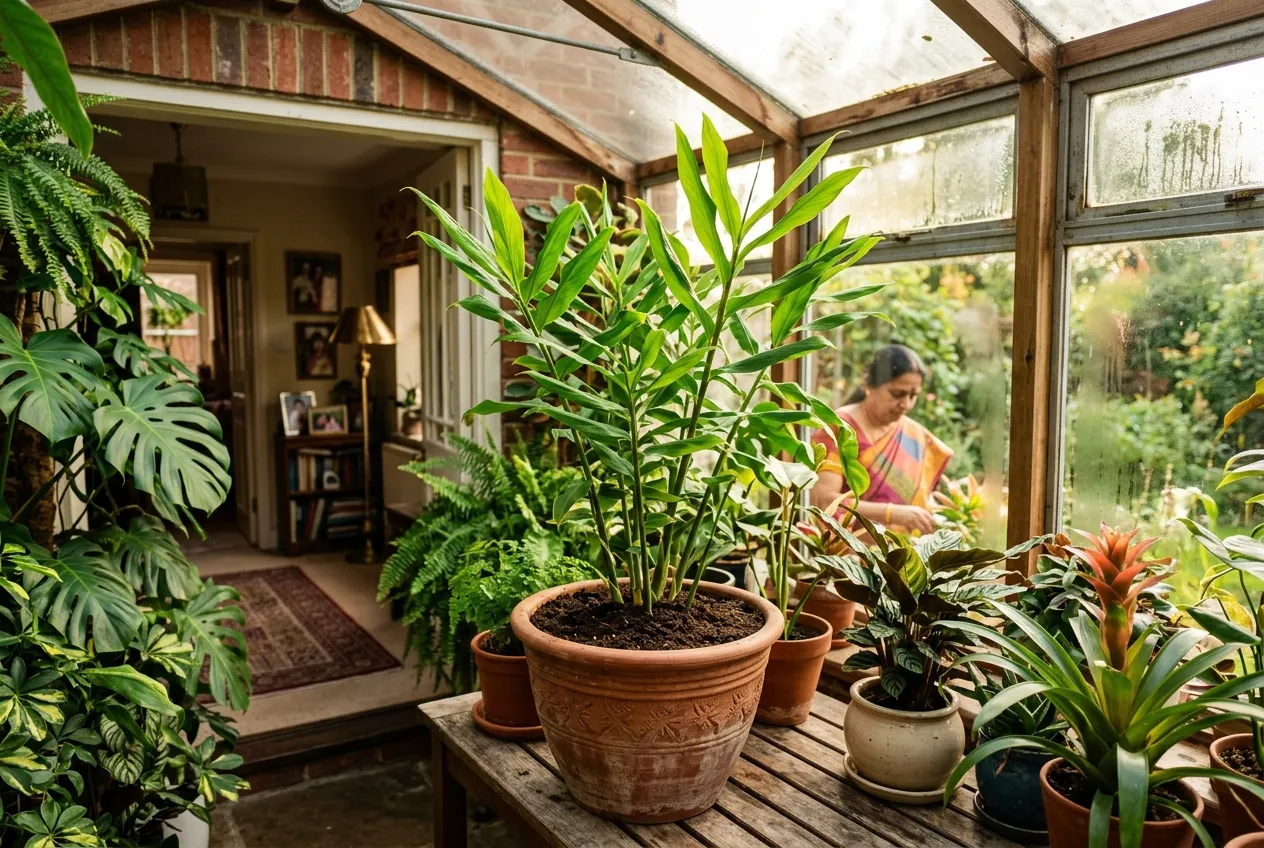 Ginger plant with lush green leaves growing in a conservatory in a UK home