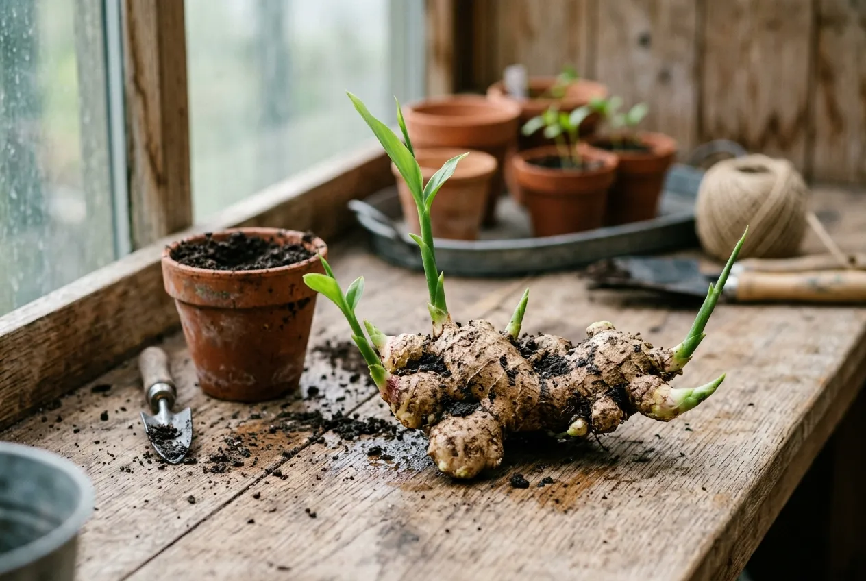 Ginger rhizome with green buds sprouting, ready for planting on a potting bench