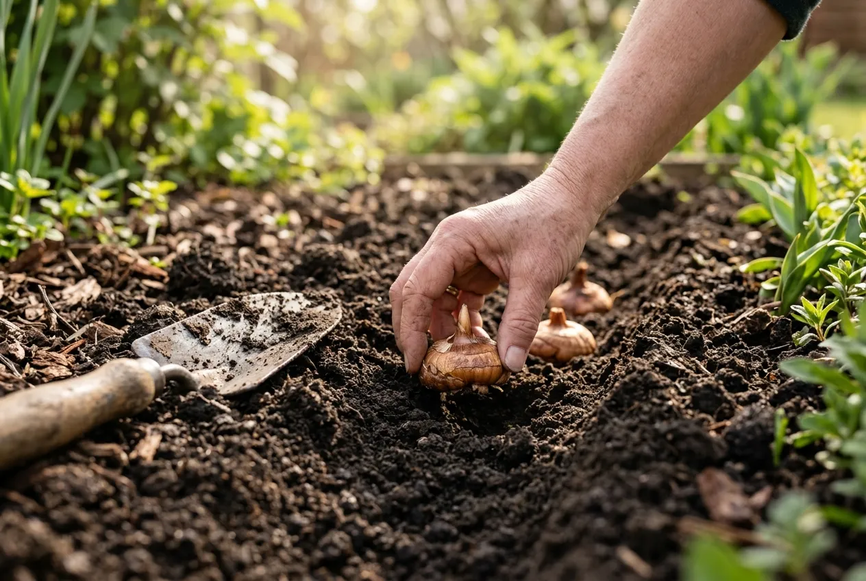 Gladioli corms being planted in spring soil in a UK garden