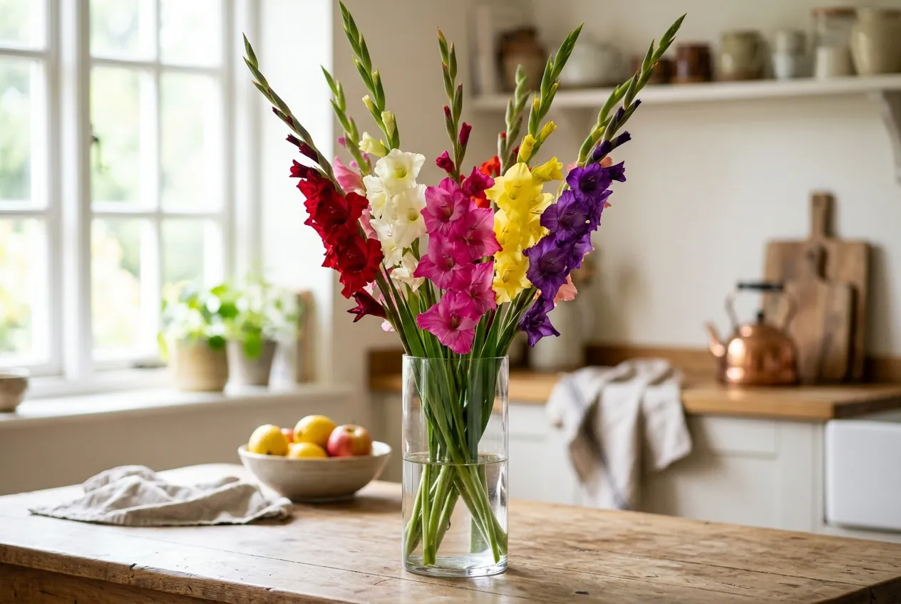 Gladioli cut flowers arranged in a vase showing mixed colours of red pink white yellow and purple