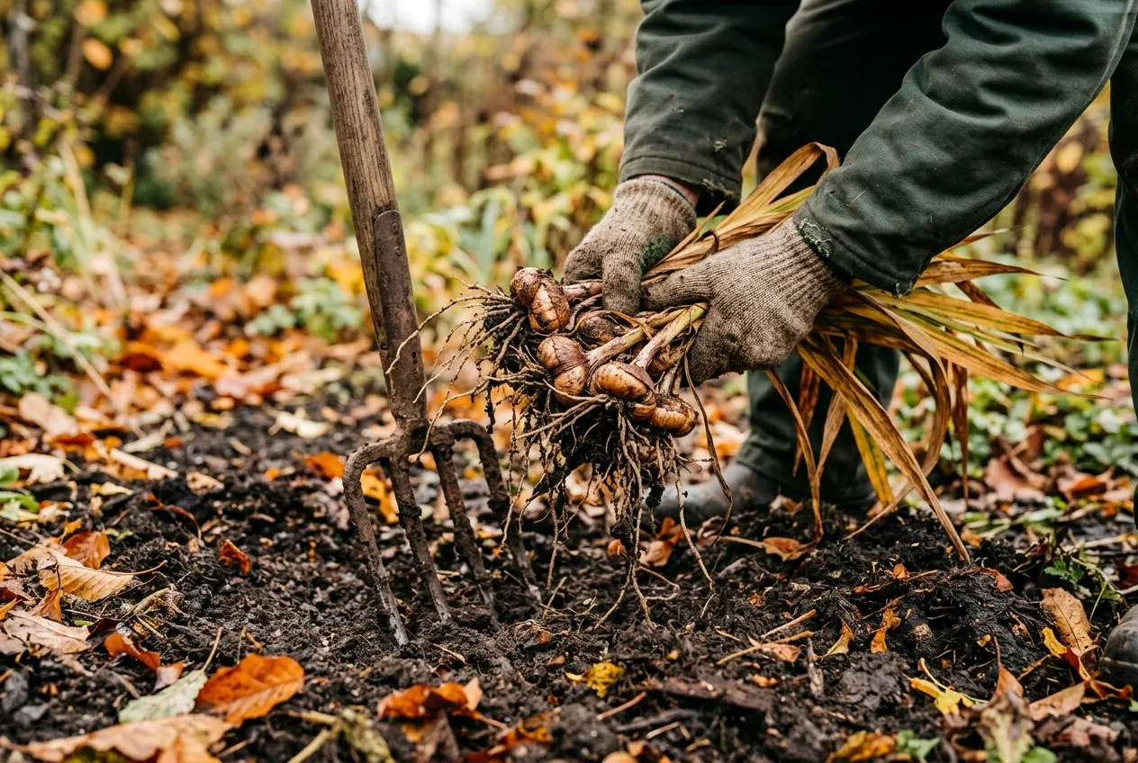 Lifting gladioli corms in autumn with a garden fork for winter storage
