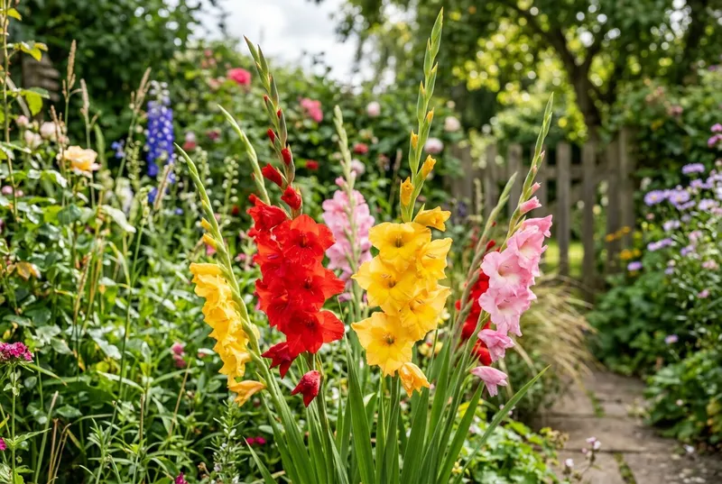 Gladiolus (Gladiolus x hortulanus) growing in a UK garden