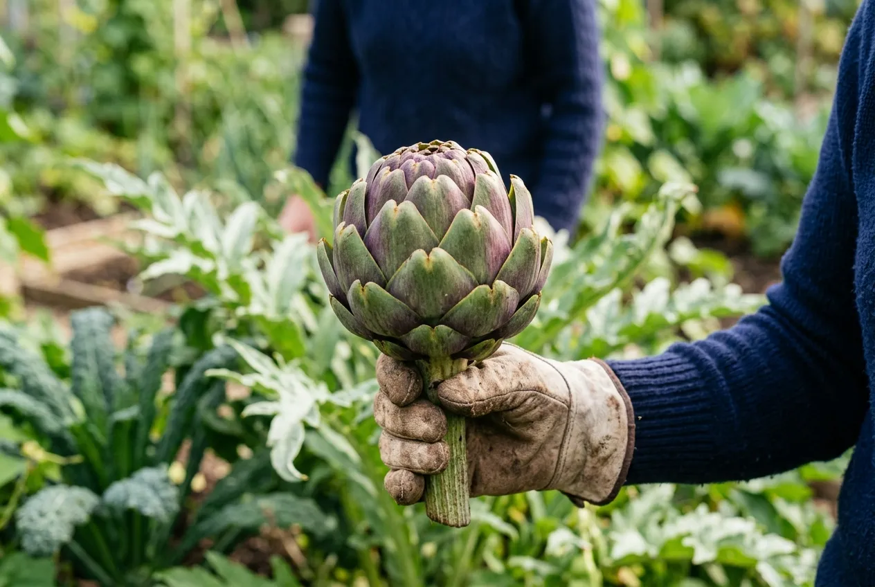 Globe artichoke bud ready for harvesting held in a gardener's gloved hand in a UK vegetable garden