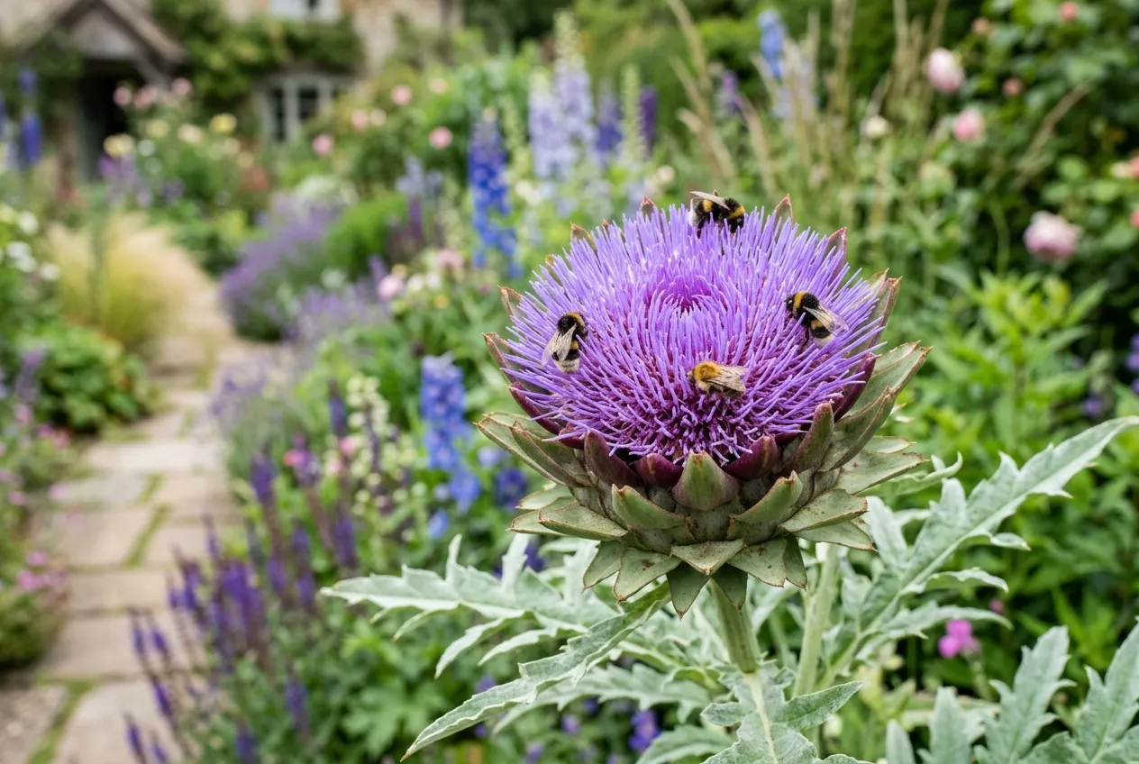 Globe artichoke flower opened into a purple thistle bloom with bumblebees visiting in a UK garden