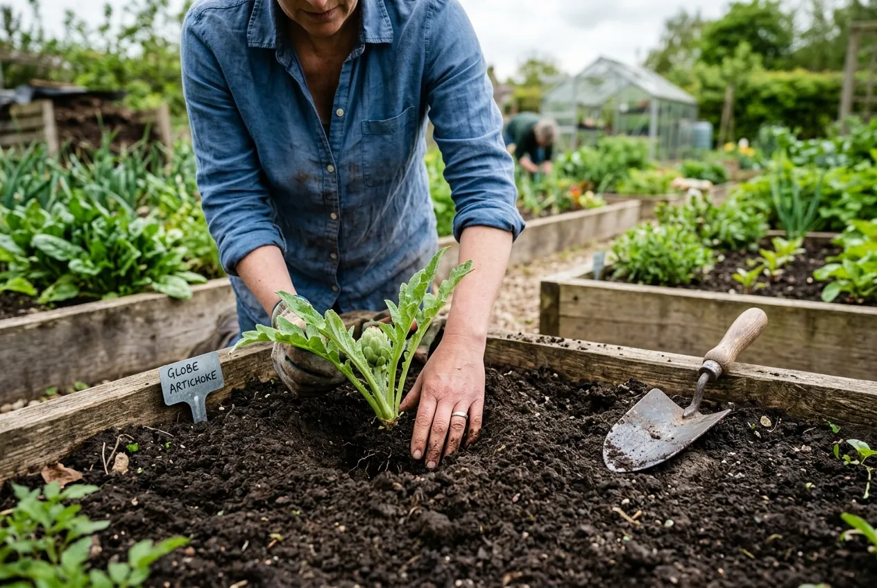 Planting globe artichoke offsets in a raised bed in a UK vegetable garden in spring