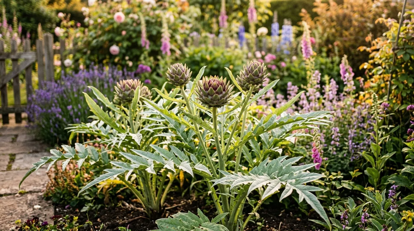 Globe artichoke plants with silvery-green leaves and developing buds in a UK cottage garden border