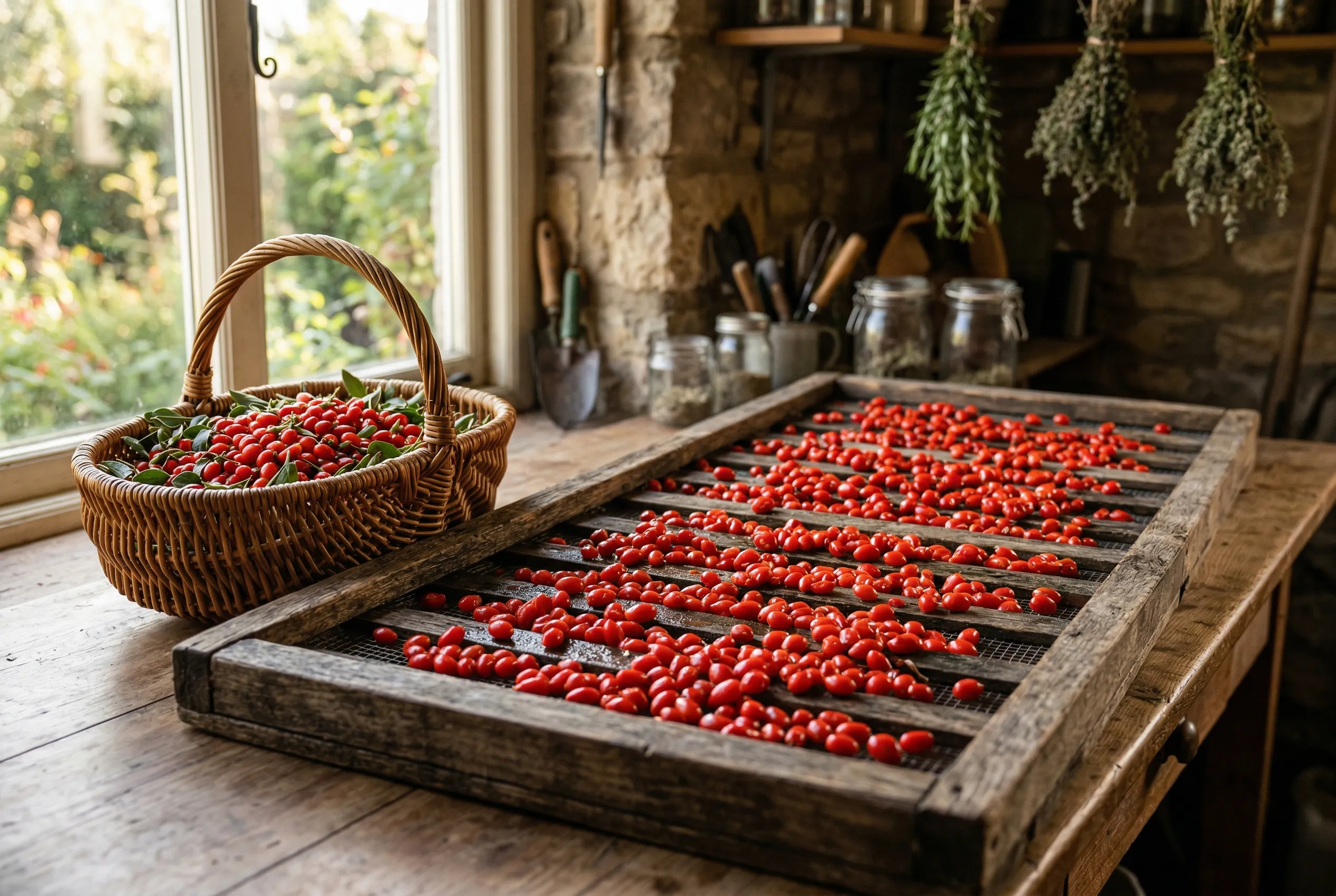 Freshly harvested goji berries drying on a wooden rack beside a wicker basket