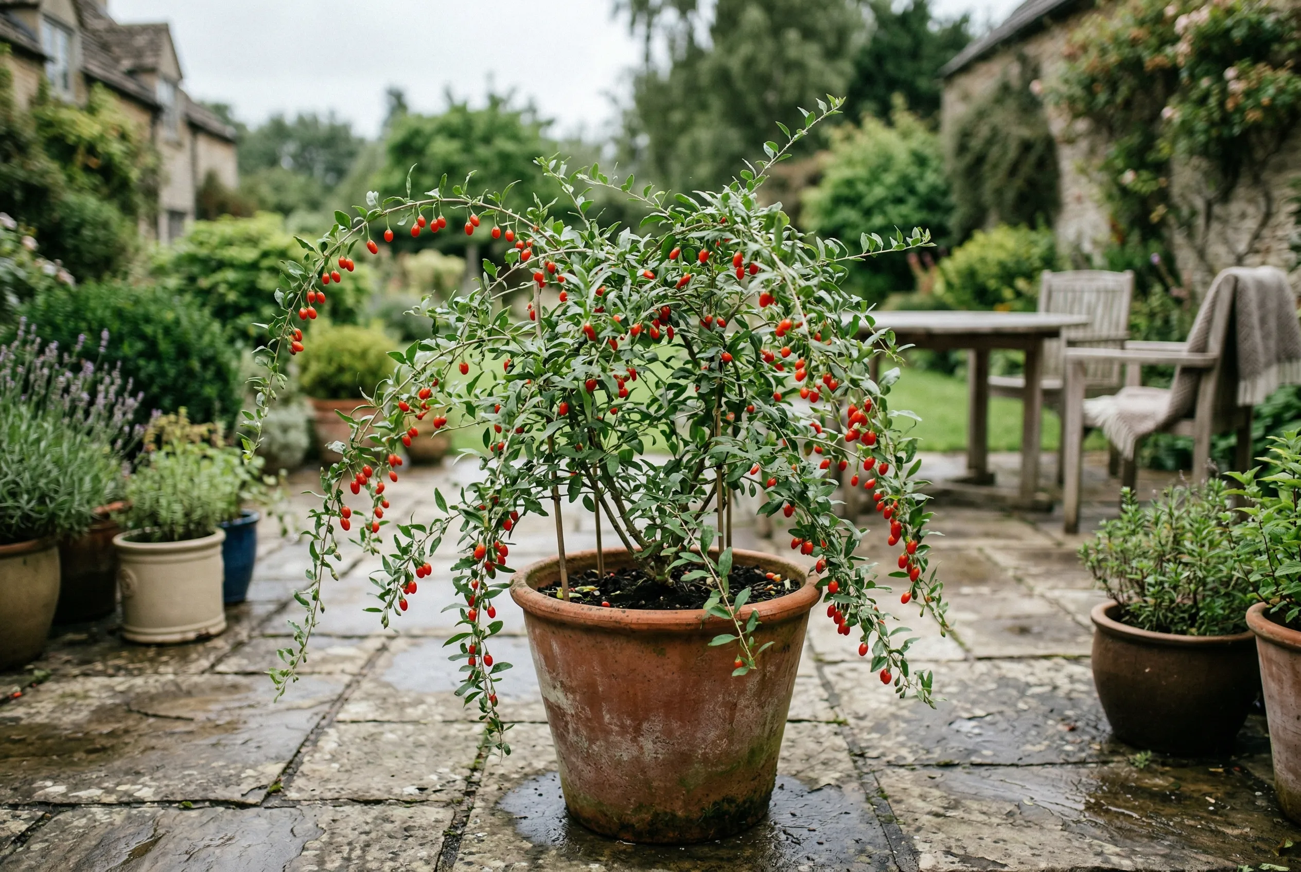 Goji berry plant growing in a large terracotta pot on a UK patio