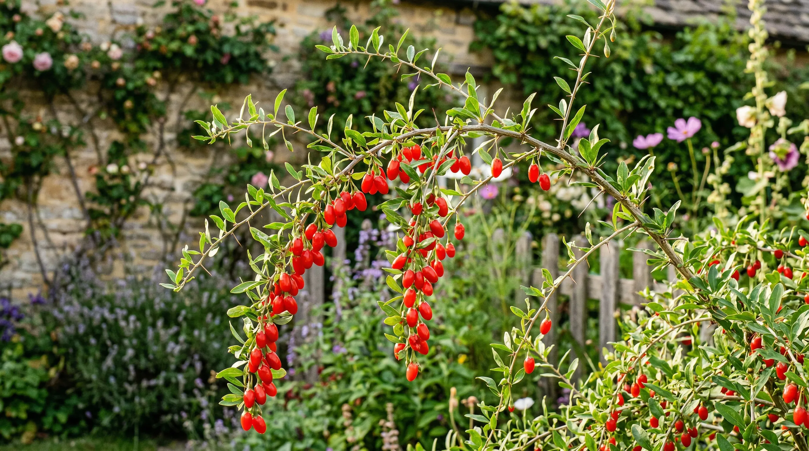 Goji berry plant with clusters of red berries growing in a UK cottage garden