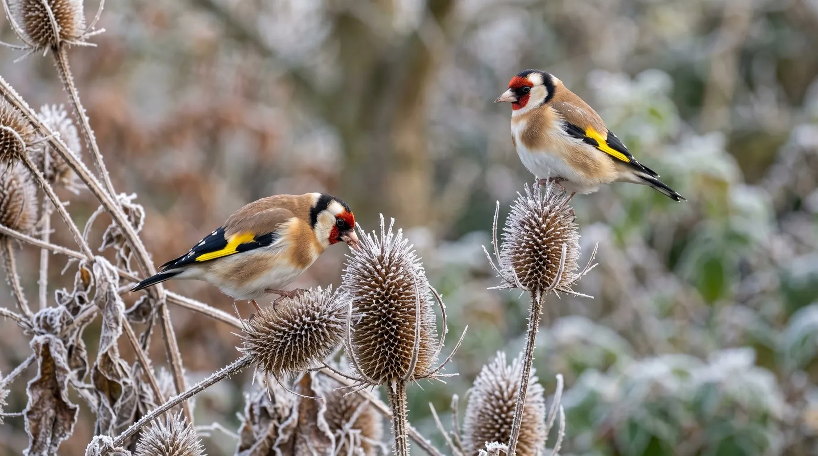 Two goldfinches with red faces feeding on the spiny brown seedheads of teasel in a frosty UK winter garden