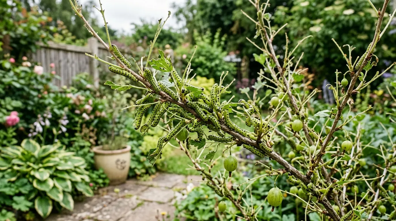 Gooseberry sawfly caterpillars stripping a bush in a UK garden