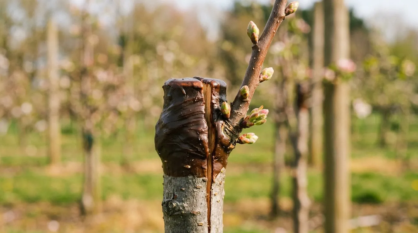Close-up of a cleft graft showing the scion inserted into a split rootstock with visible cambium alignment